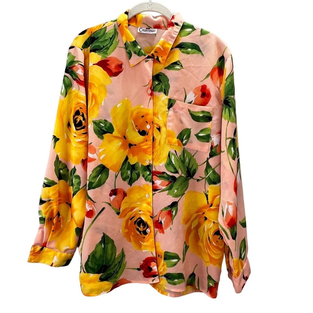 Courtenay Floral Blouse size L Peach Yellow Long Sleeve Button Front Pocket